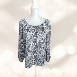 Banana Republic Gray and White Paisley Scoop-Neck Blouse